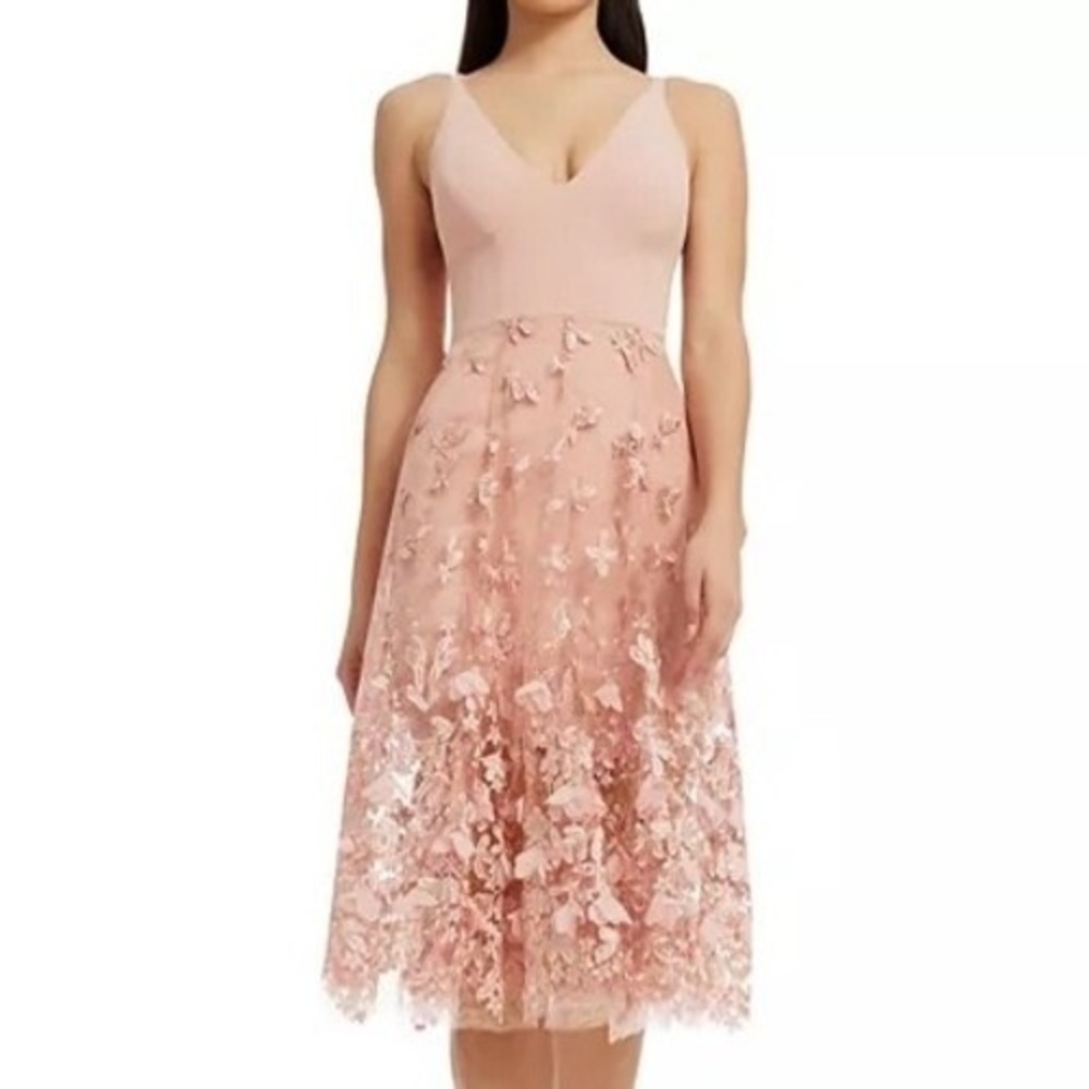 Dress The Population Darleen Deep V Neck Floral Appliqué Dress Womens Size L NWT